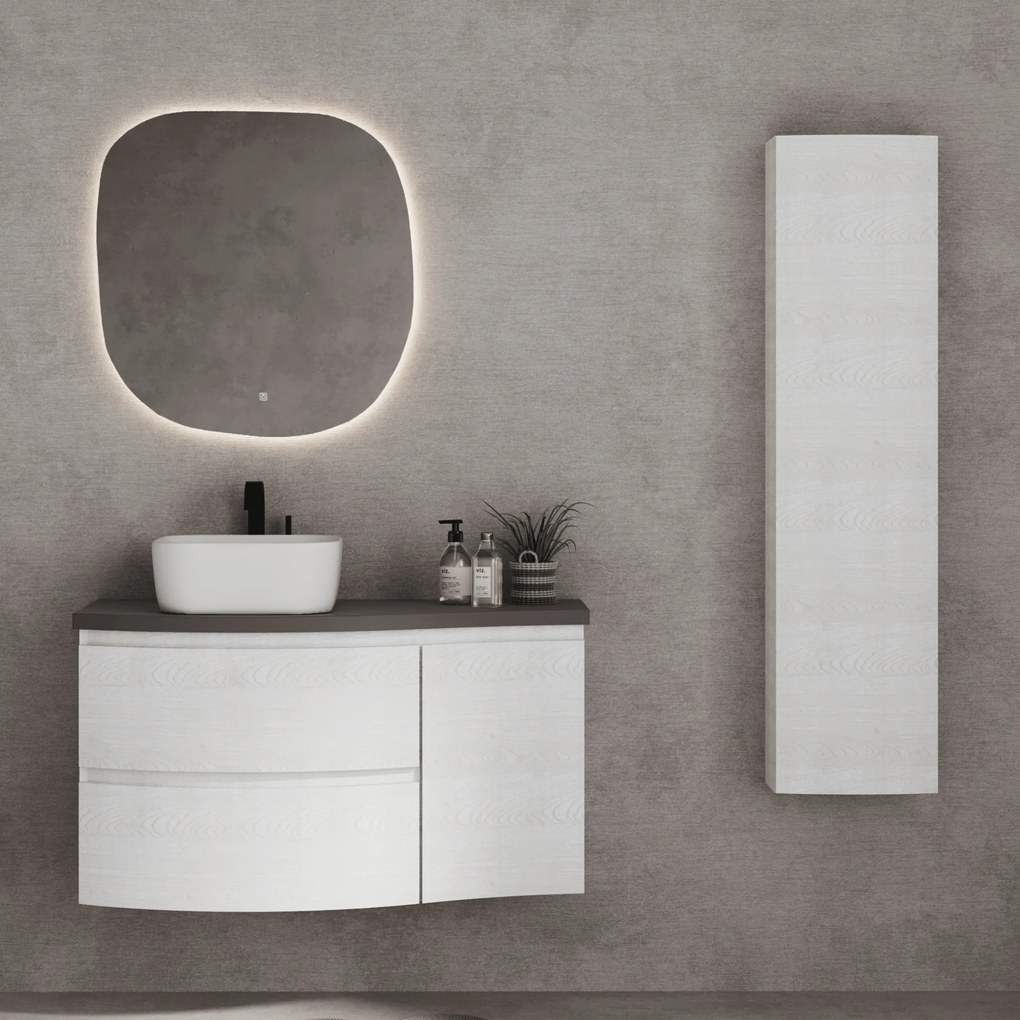 Mobile Bagno Sospeso Curvo 105 Cm Due Cassetti Un'Anta Specchio Con Illuminazione Led 68x70 Cm Savini Due "Dolce Vita" Alaska/Grigio Scuro