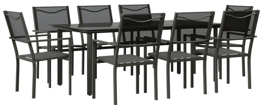 Set da pranzo da giardino 9 pz nero in acciaio e textilene