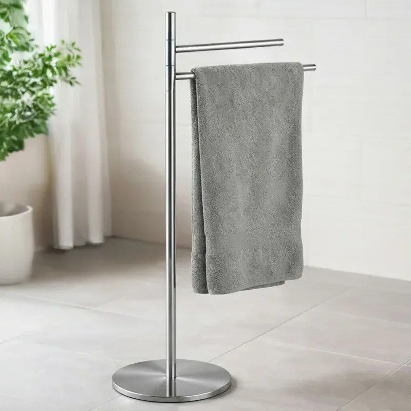 Piantana porta asciugamani a due bracci mobili in acciaio inox satinato Lunar