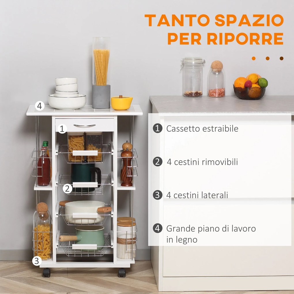 Carrello da Cucina con Ripiani e Cassetto Piano di Lavoro in Ceramica 57x37x83 cm...