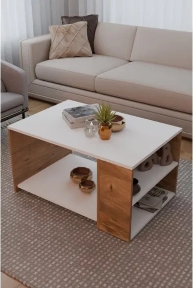 Tavolino Da Salotto Design Moderno 60x90x48 Con Vani Laterali Zeno Bianco e Rovere