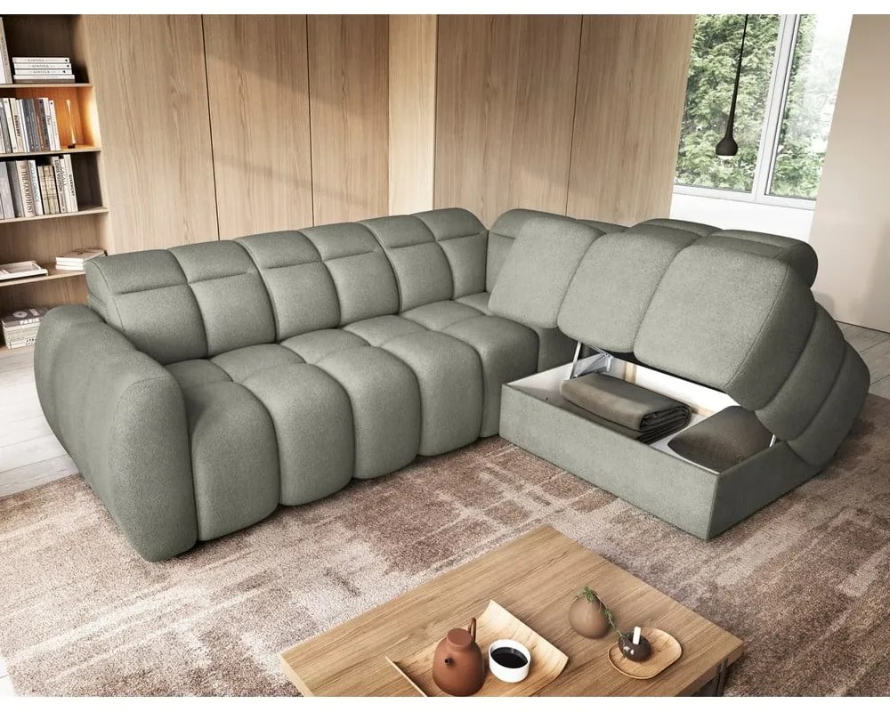 Divano angolare verde polveroso allungabile/con contenitore (con penisola a destra/a L) e rivestimento in bouclé Falconn – ELTAP