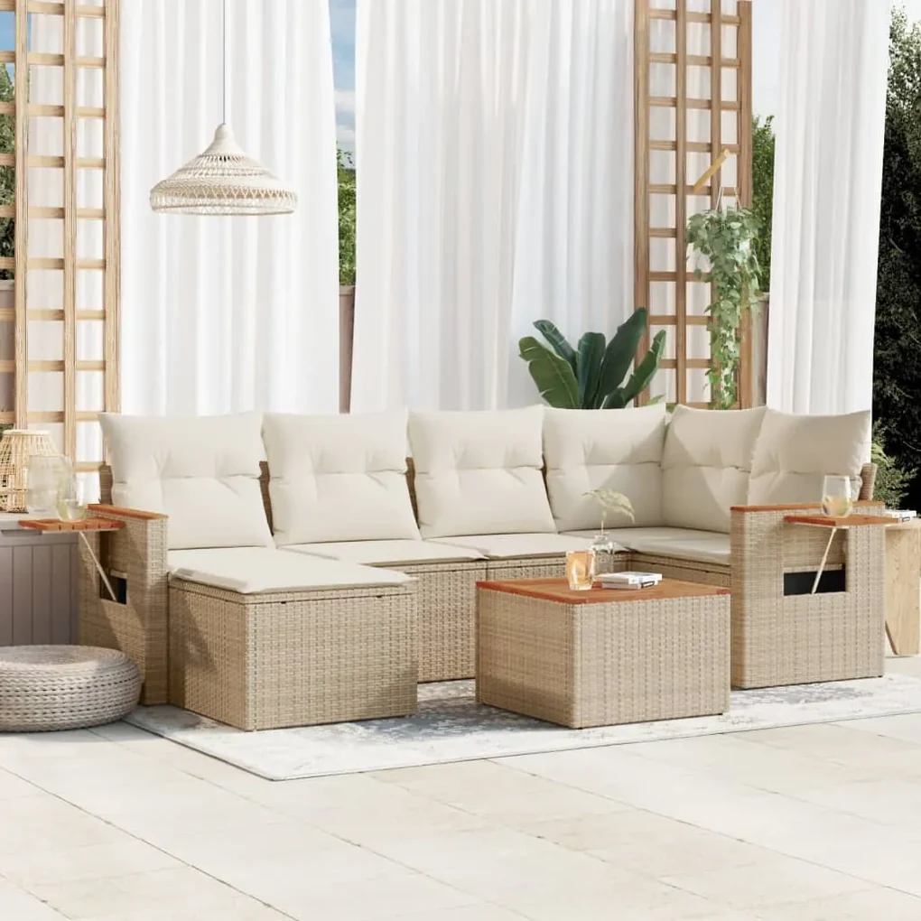 Set divani da giardino 7 pz con cuscini beige in polyrattan