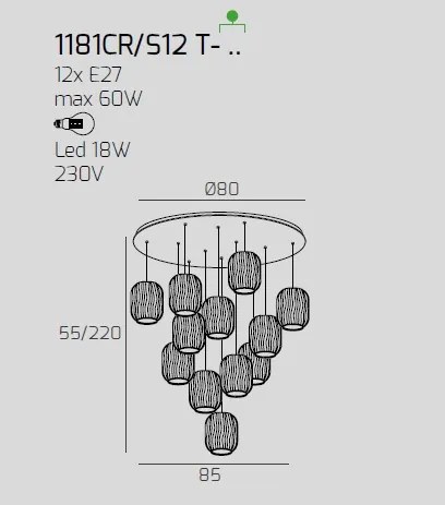 Sospensione cromo 12 luci tonda vetri 6x tr + 6x am 1181cr-s12 t-ta