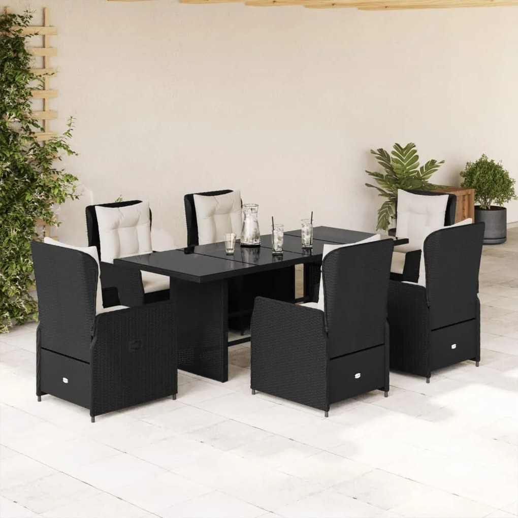 Set da pranzo da giardino 7 pz nero con cuscini in polyrattan