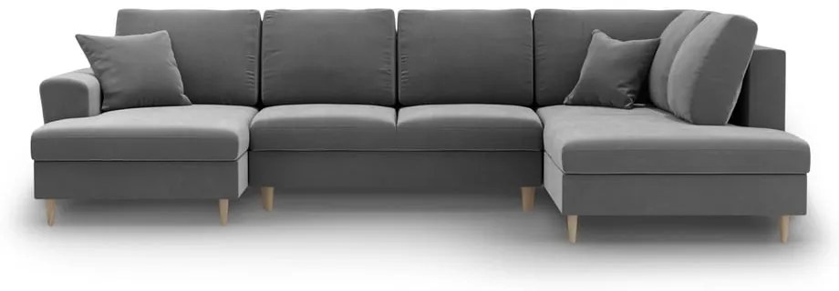 Divano angolare grigio chiaro allungabile e con contenitore (con penisola a destra/a U) con rivestimento in velluto Kyoto – Cosmopolitan Design