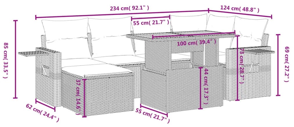 Set divani da giardino con cuscini 7pz nero polyrattan