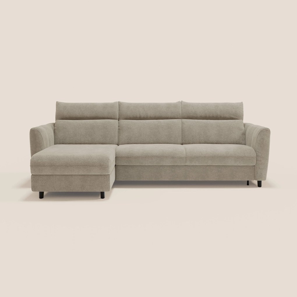 Peonia divano letto angolare con Penisola Contenitore - Materasso H18 cm in Bouclé Impermeabile T07 beige