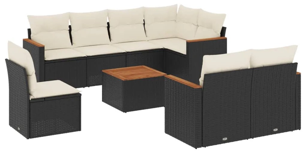 Set divani da giardino 9 pz con cuscini nero in polyrattan