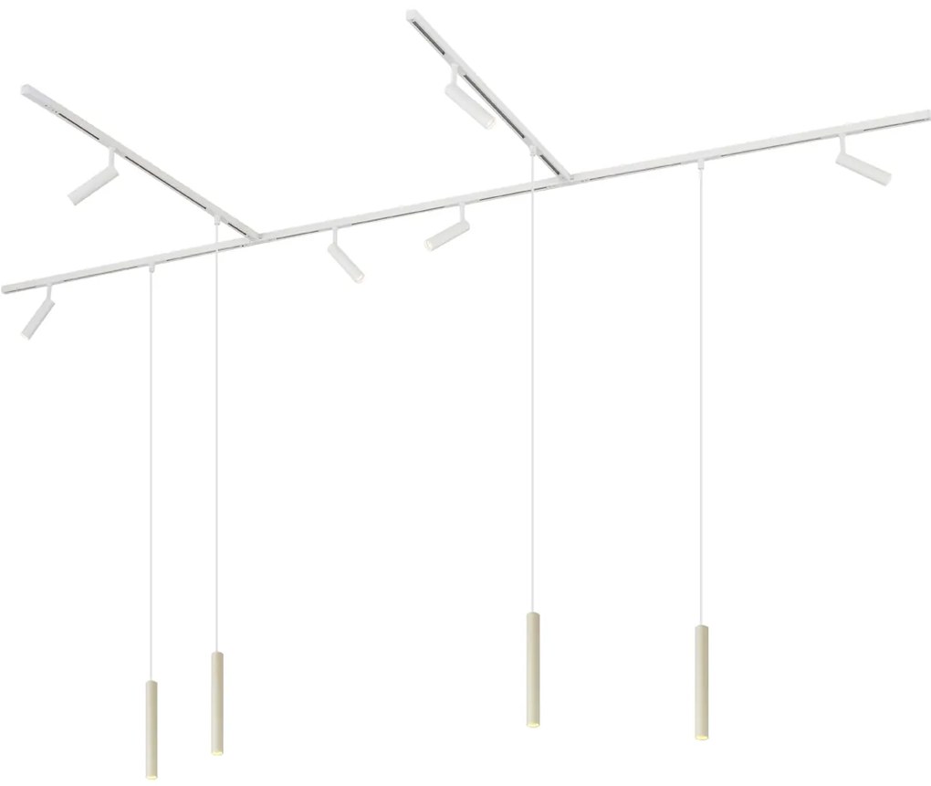 Sistema di illuminazione su binario moderno con 6 faretti e 4 luci a sospensione beige e bianche monofase - Slimline Uzzy Keno