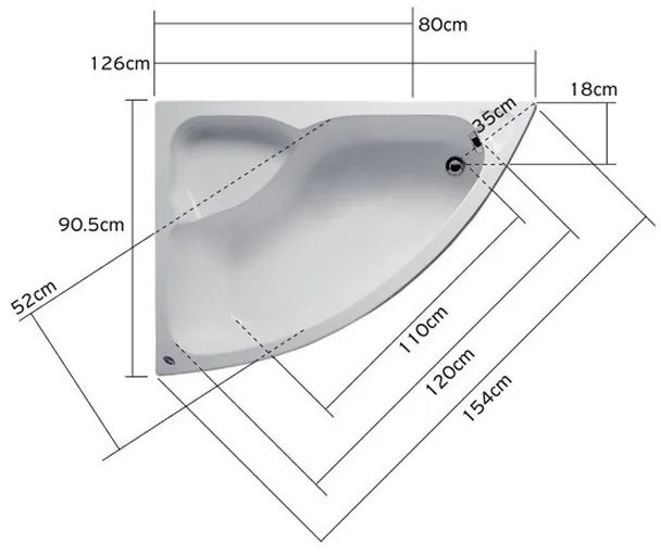 Kamalu - Vasca semicircolare ad angolo da 125cm in acrilico | K-271
