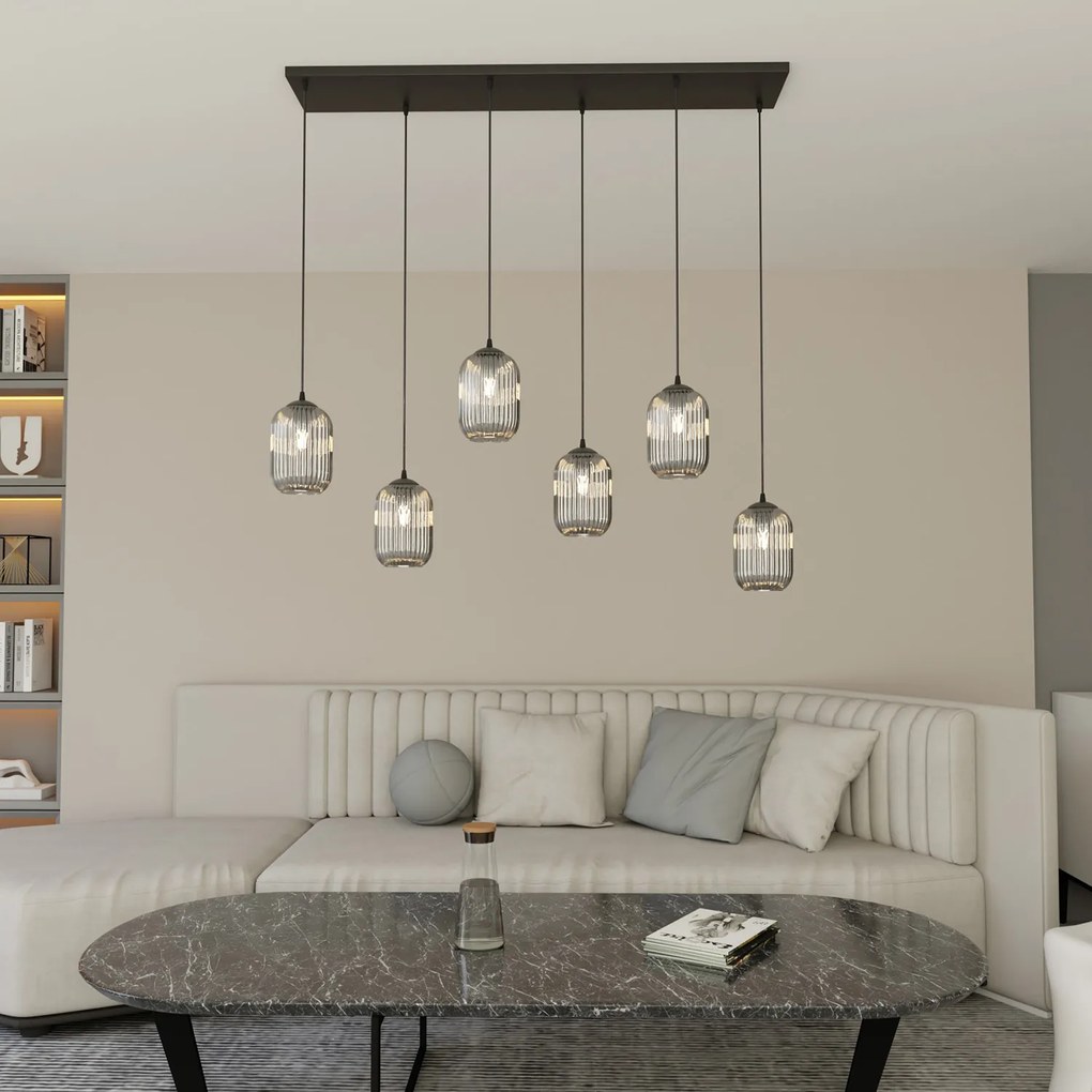 Lampadario 6 Luci Selene In Acciaio Nero E Vetri Plissettati Fumè