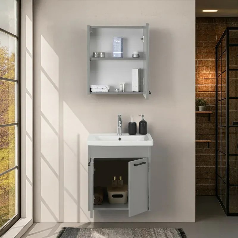 Mobile bagno sospeso 55 cm grigio chiaro effetto legno con armadietto a specchio Sofia
