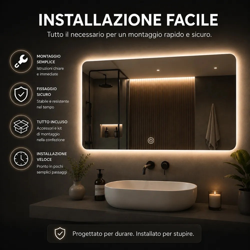 Specchio Rettangolare 70x50 cm con LED 3 Colori Dimmerabile Pulsante Touch...