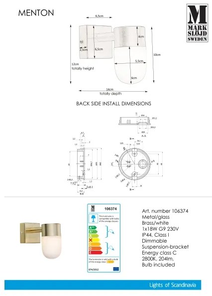 Markslöjd 106374 - Applique da bagno MENTON 1xG9/18W230V IP44