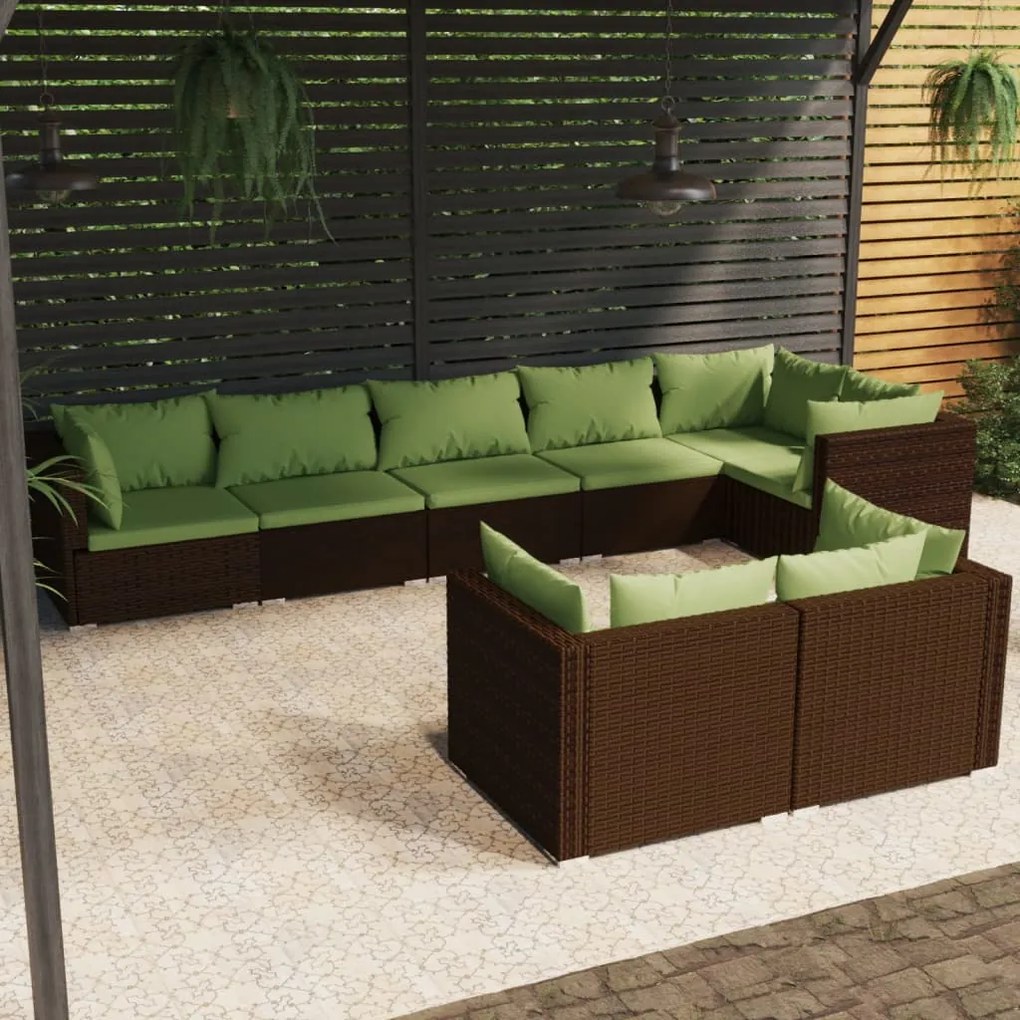 Set Divani da Giardino 8 pz con Cuscini in Polyrattan Marrone