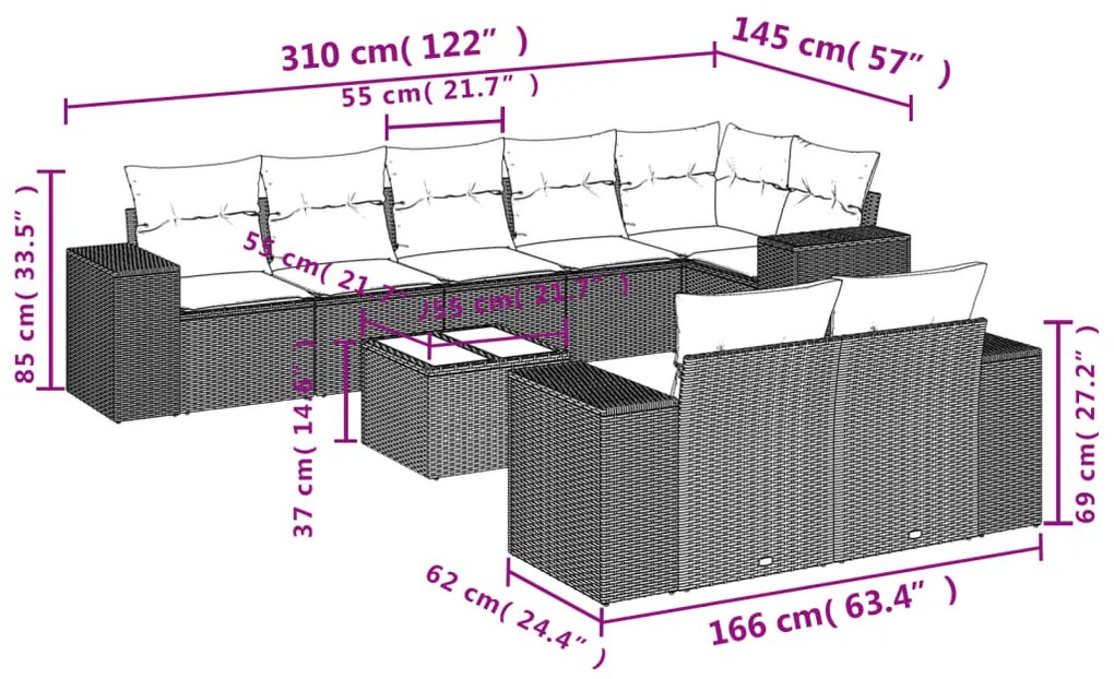 Set divano da giardino 9pz con cuscini grigio chiaro polyrattan