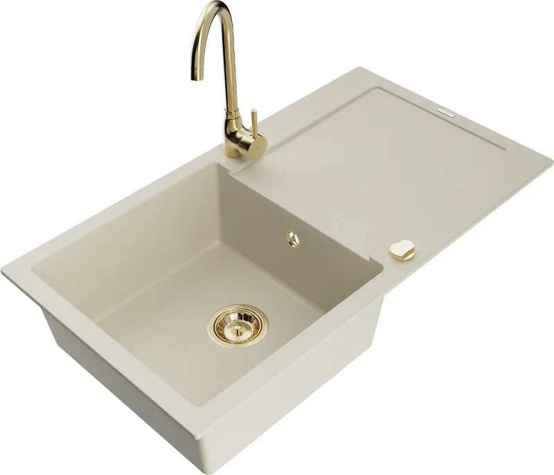Mexen Leo lavello in granito a 1 vasca con scolapiatti e rubinetto da cucina Telma, beige - 6501-69-670200-50