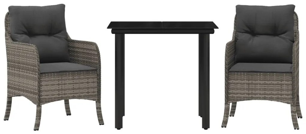 Set da pranzo da giardino 3 pz con cuscini in polyrattan grigio