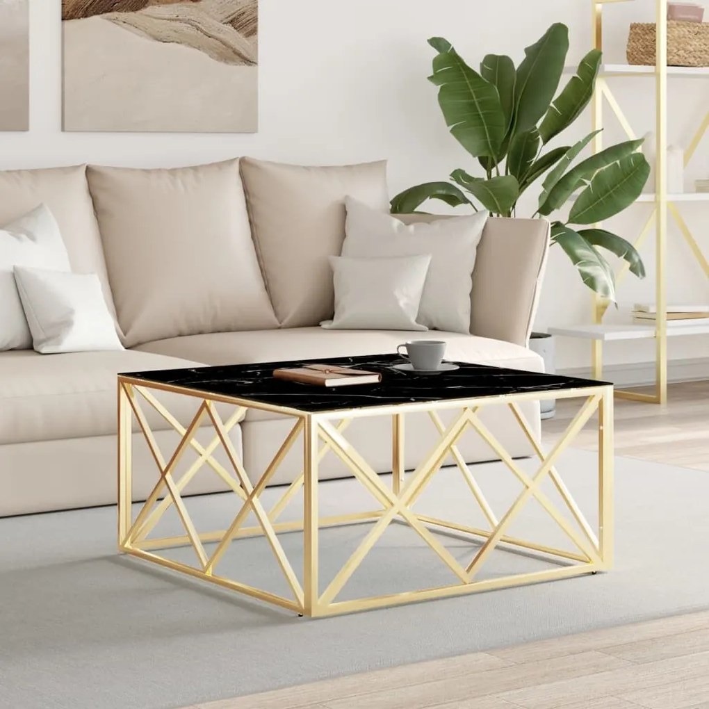 Tavolino Da Salotto Oro 80x80x40 Cm İn Acciaio Inox E Vetro /
