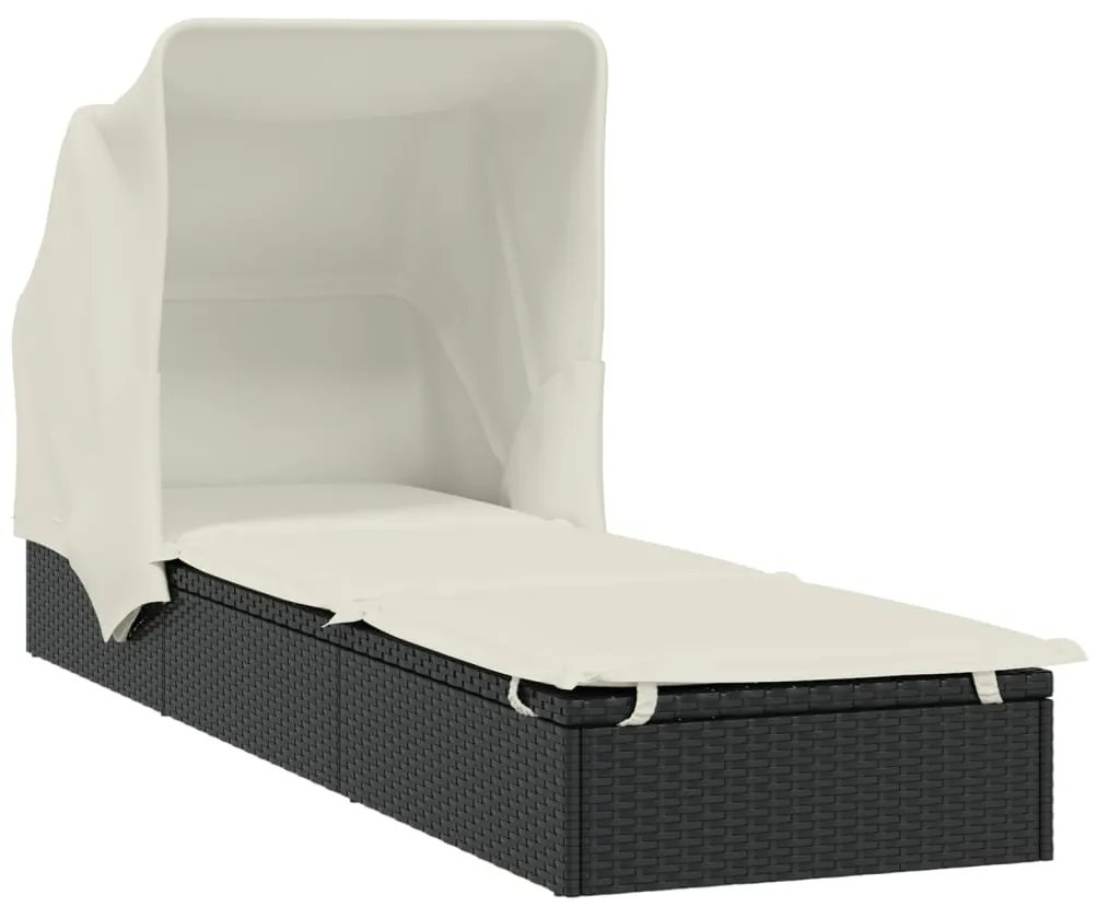 Lettino con tetto pieghevole nero 213x63x97 cm polyrattan