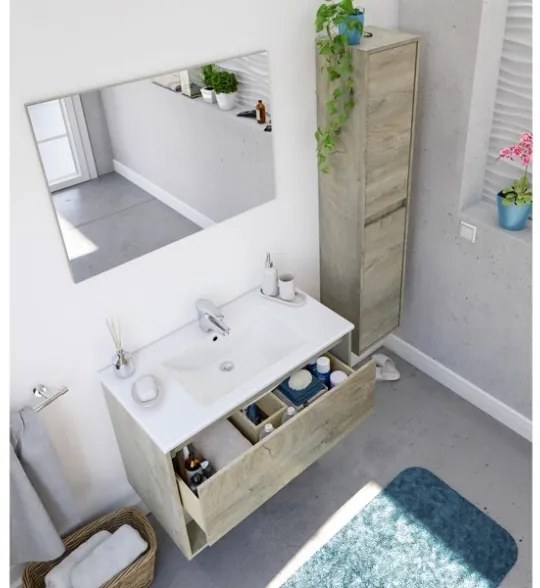 Mobile Bagno Sospeso 80 cm Vano Aperto Lavabo Specchio E Colonna Rovere Alaska VAN