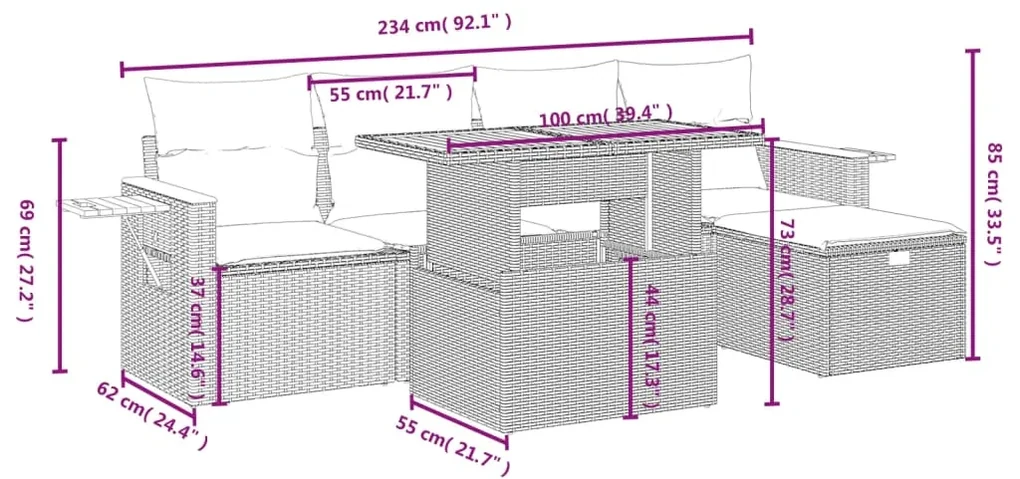 Set divano da giardino 6 pz con cuscini nero in polyrattan