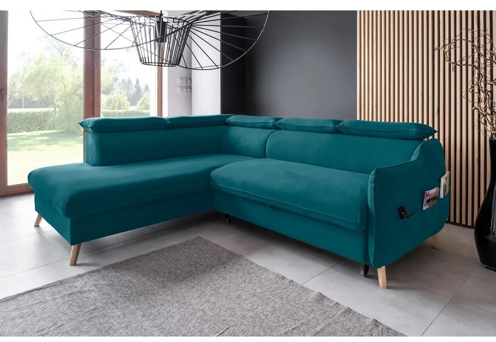 Divano letto angolare in velluto turchese (angolo sinistro) Sweet Harmony - Miuform