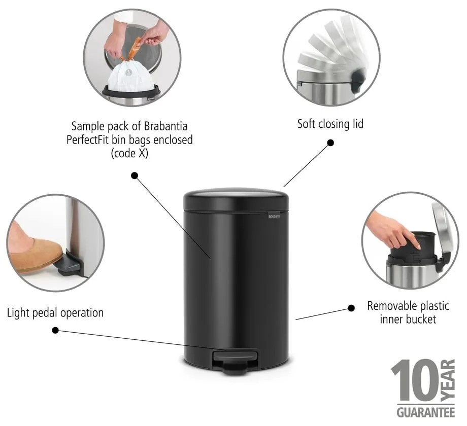 Bidone in acciaio nero opaco 12 l NewIcon - Brabantia
