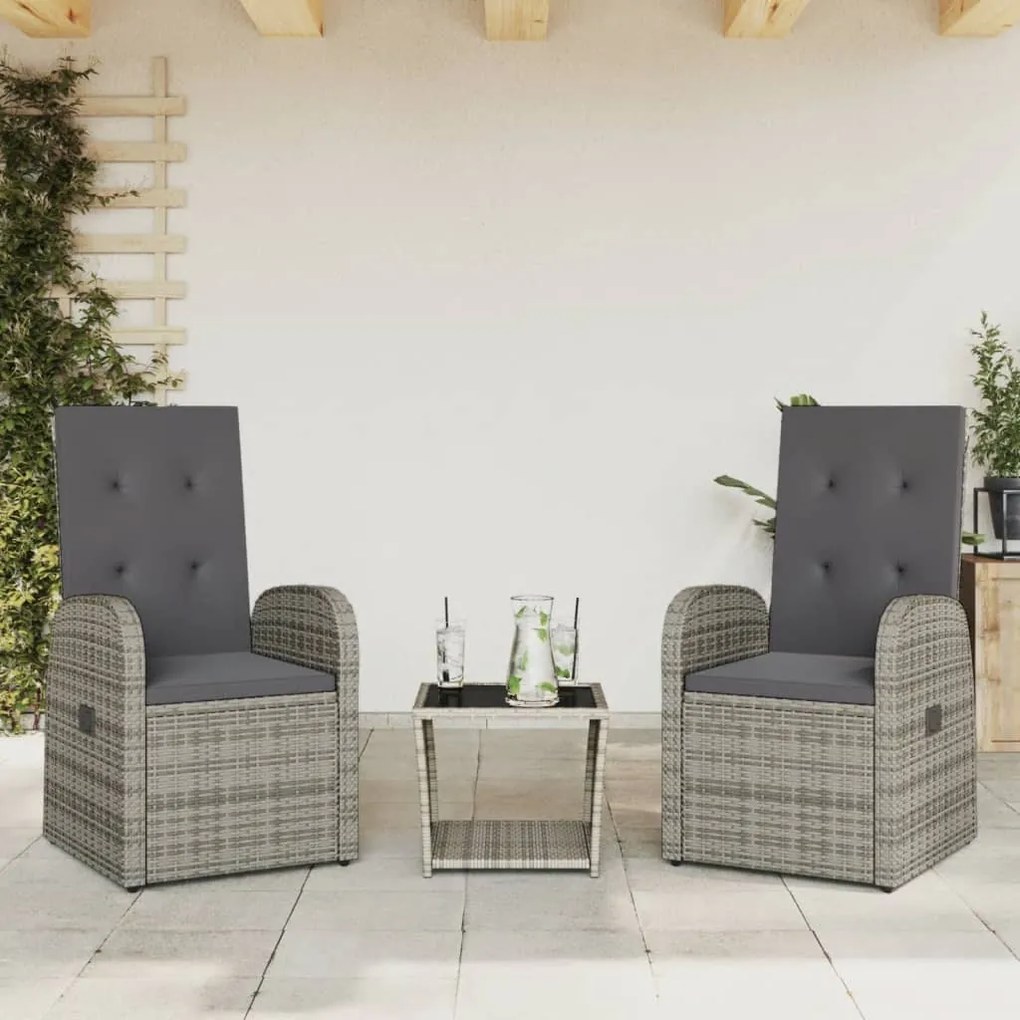 Set da pranzo da giardino 3 pz con cuscini in polyrattan grigio