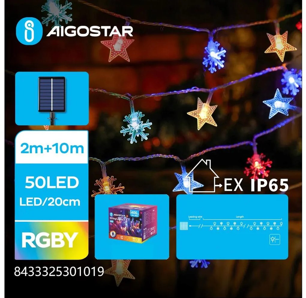 Aigostar - Catena di Natale solare a LED 50xLED/8 funzioni 12m IP65 multicolore