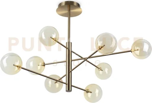 Equinoxe sospensione in vetro ambra e ottone antico 8 luci attacco g4