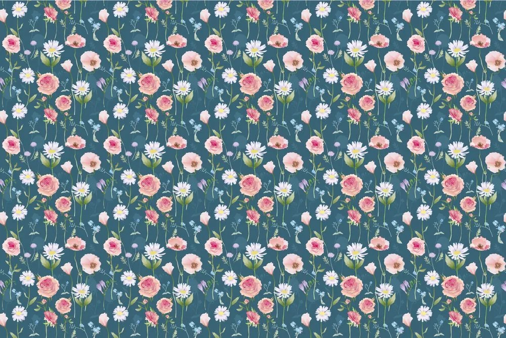 Carta da parati autoadesiva – Fiori romantici su sfondo blu