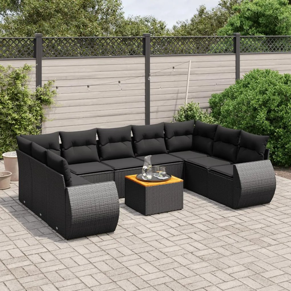 Set divani da giardino 10pz con cuscini in polyrattan nero