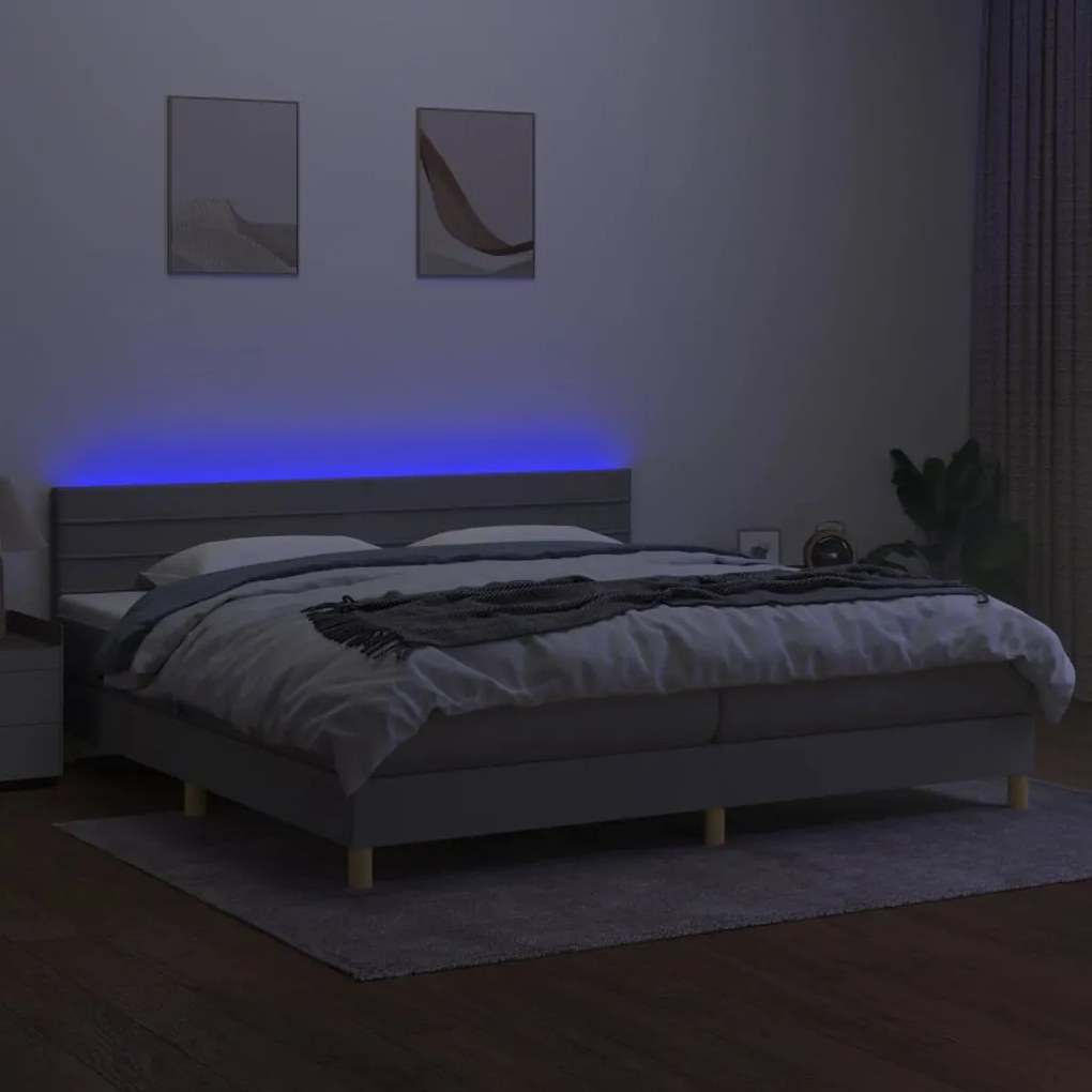 Letto a molle materasso e led grigio chiaro 200x200 cm tessuto