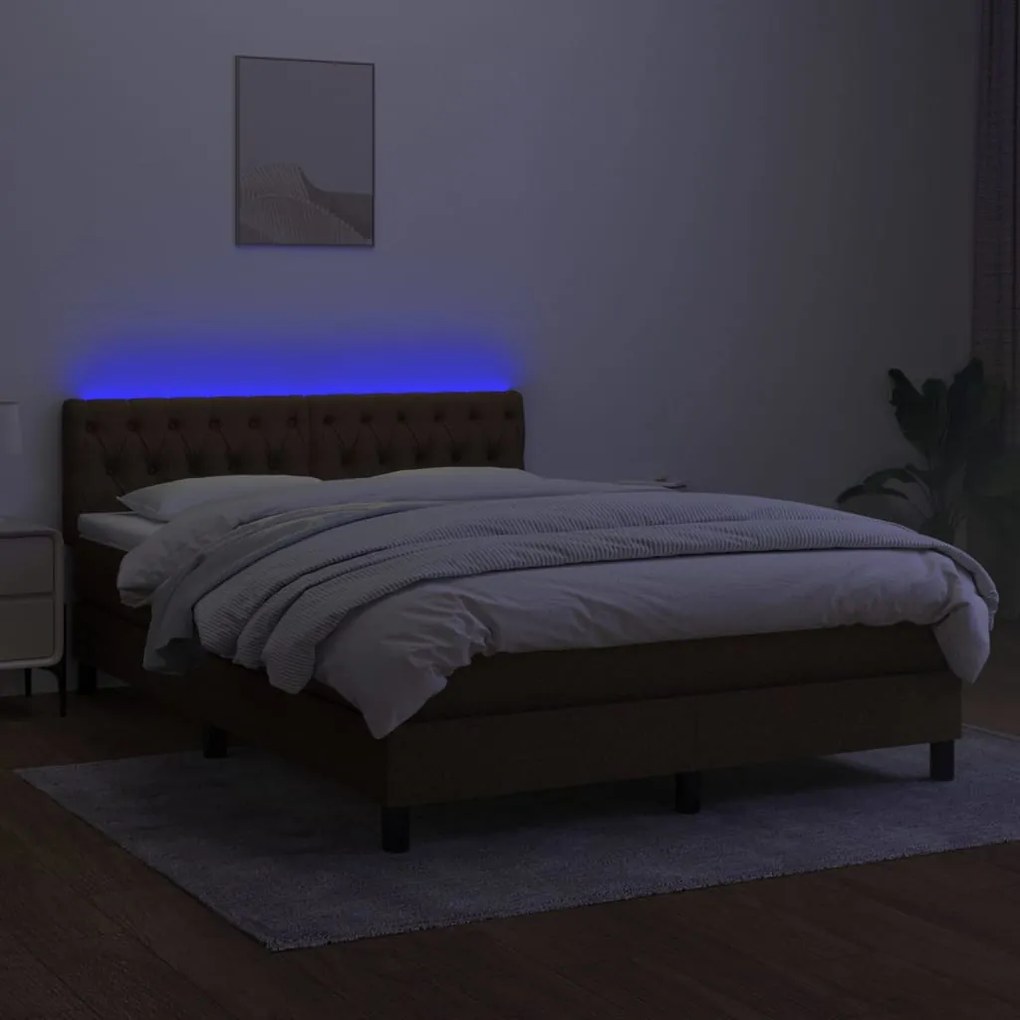 Letto a molle materasso e led marronescuro 140x190cm in tessuto