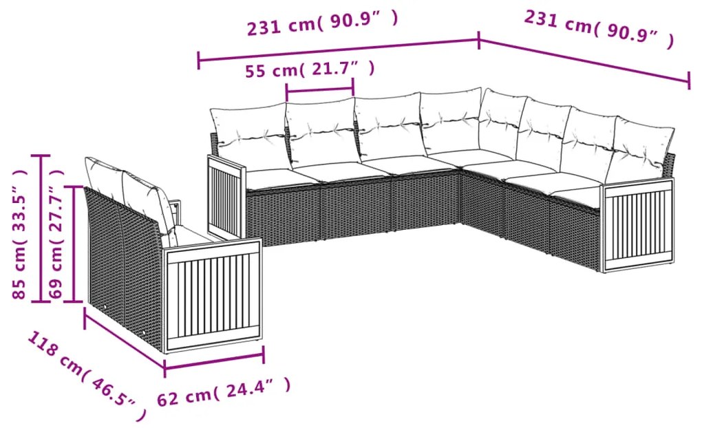 Set divani da giardino 9 pz con cuscini nero in polyrattan