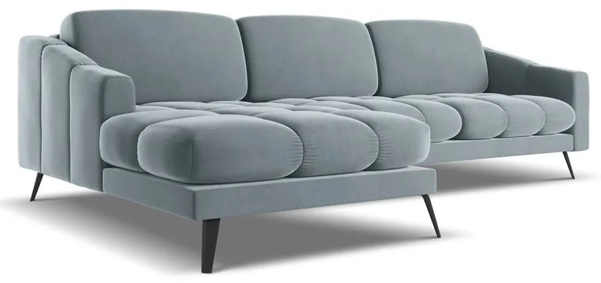 Divano angolare azzurro (con penisola a sinistra) con rivestimento in velluto Nalu – Makamii