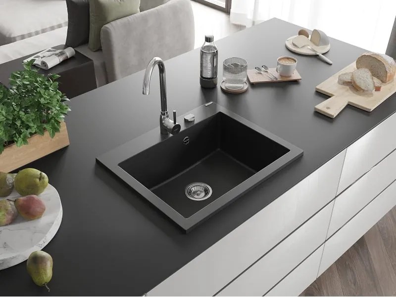 Mexen Elix lavello in granito a 1 vasca 600 x 500 mm, nero, sifone cromato - 6525601005-77