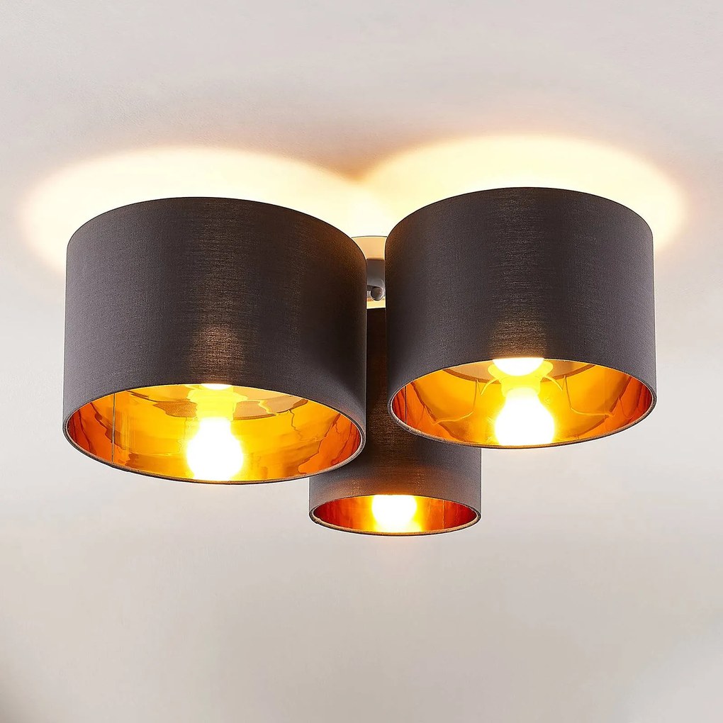 Plafoniera Lindby Laurenz, a 3 luci, grigio/oro, tessile