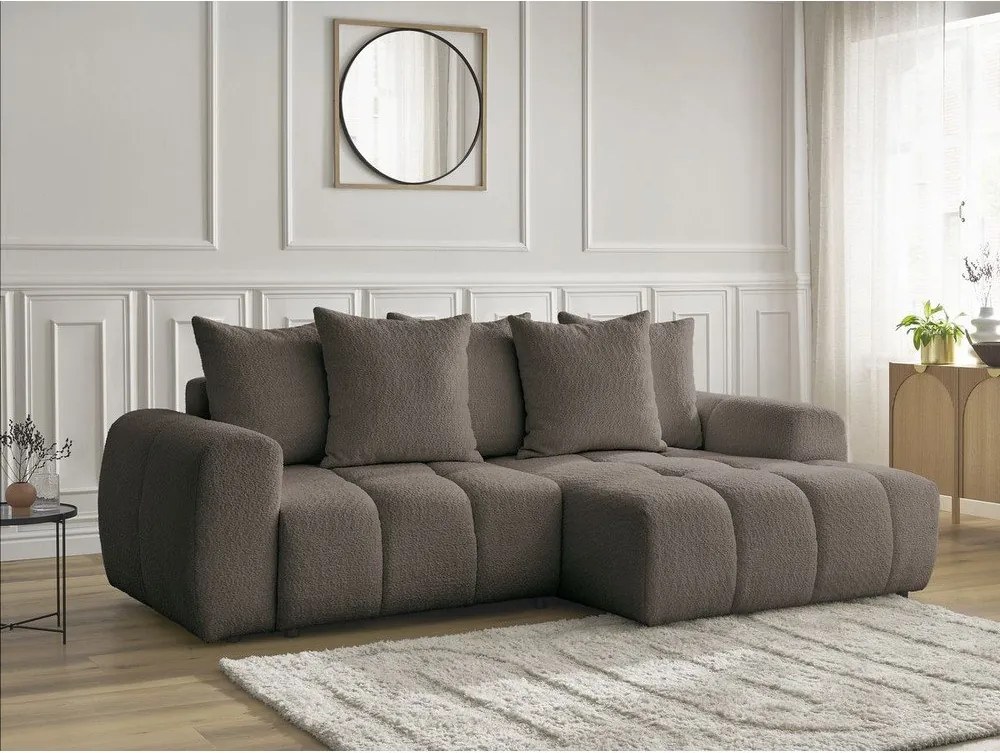 Divano angolare marrone allungabile/con contenitore (con penisola a destra/con chaise lounge) con rivestimento in bouclé Roxelane – Bobochic Paris