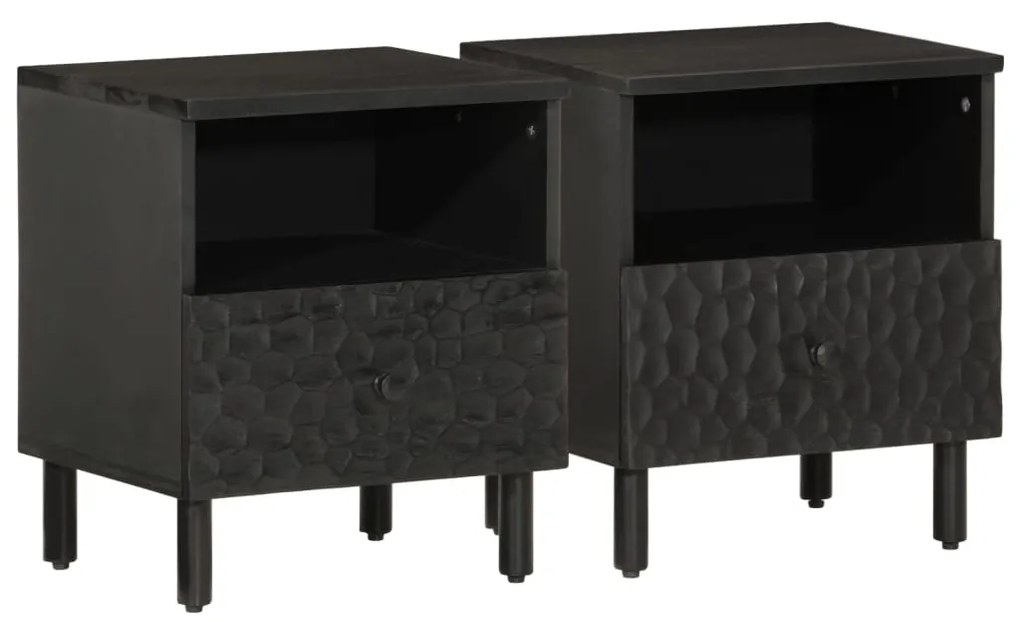 Comodini 2pz Neri 40x33x46 Cm İn Legno Massello Di Mango /