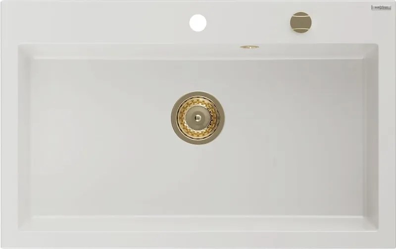 Mexen Elix lavello da cucina in granito 1-vasca 800 x 500 mm, bianco, sifone dorato - 6527801005-20-G
