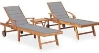 Lettini Prendisole 2 pz con Tavolo e Cuscino Massello di Teak 3073172