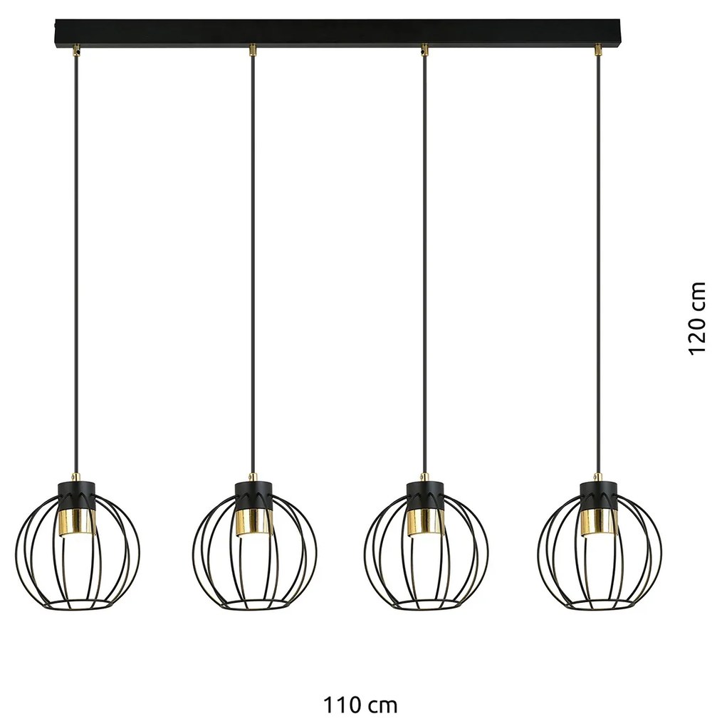 Sospensione Minimal Orfeo 4 Luci In Acciaio Nero A Paralumi Gabbia Con Oro