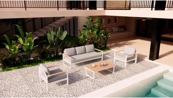 Salotto Da Esterno 5 Posti In Alluminio Con Tavolino E Cuscini Boston Bianco