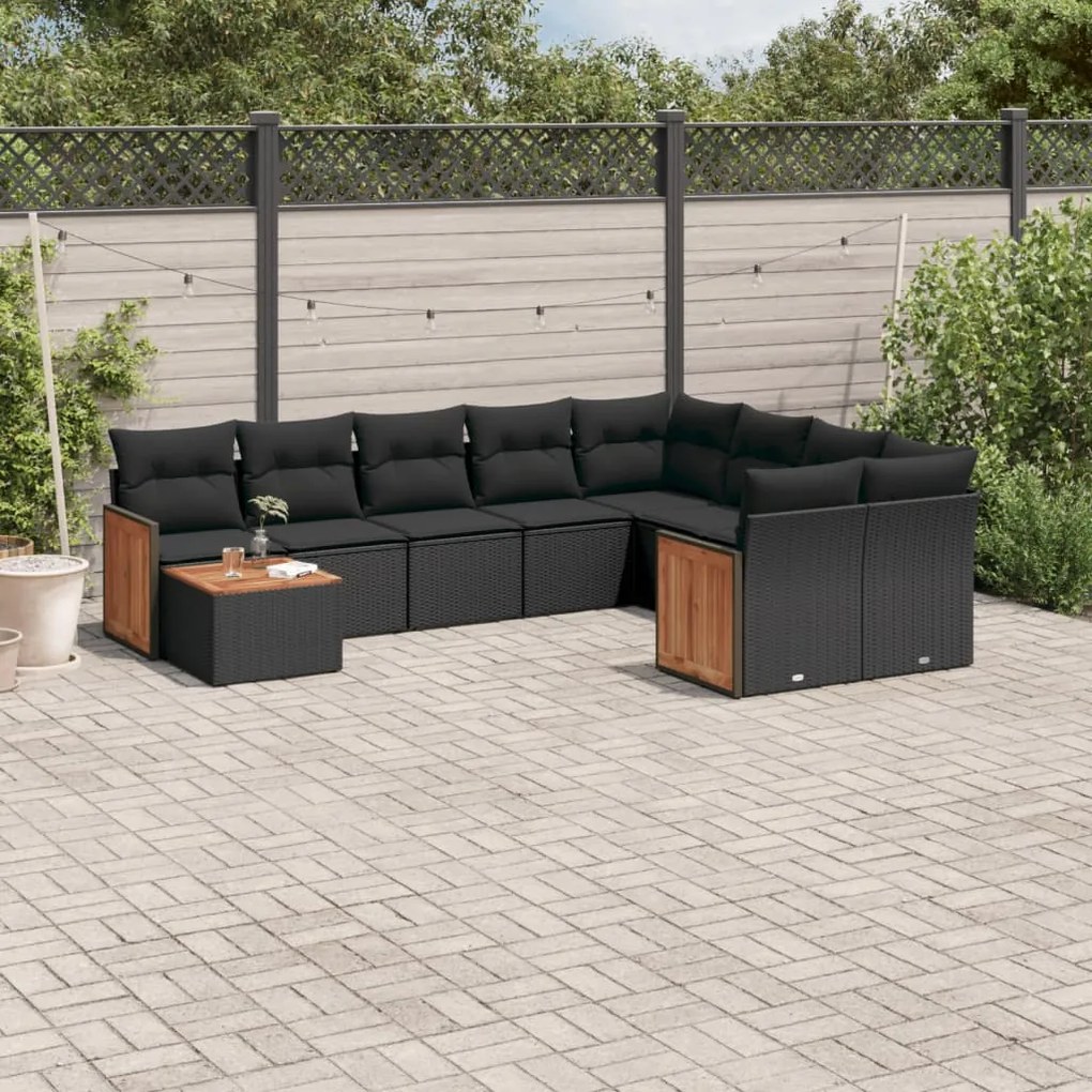 Set Divani da Giardino 10pz con Cuscini in Polyrattan Nero