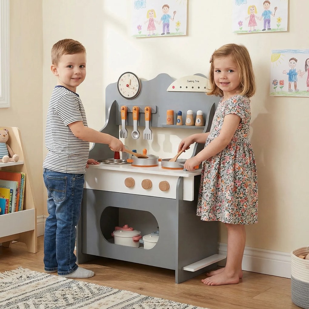 Costway Cucina giocattolo legno bambini finzione orologio fornello porta spezie, Cucina rubinetto lavandino forno accessori completi bambini 3+anni 2 Colori