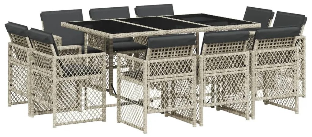 Set pranzo giardino 11pz con cuscini grigio chiaro polyrattan