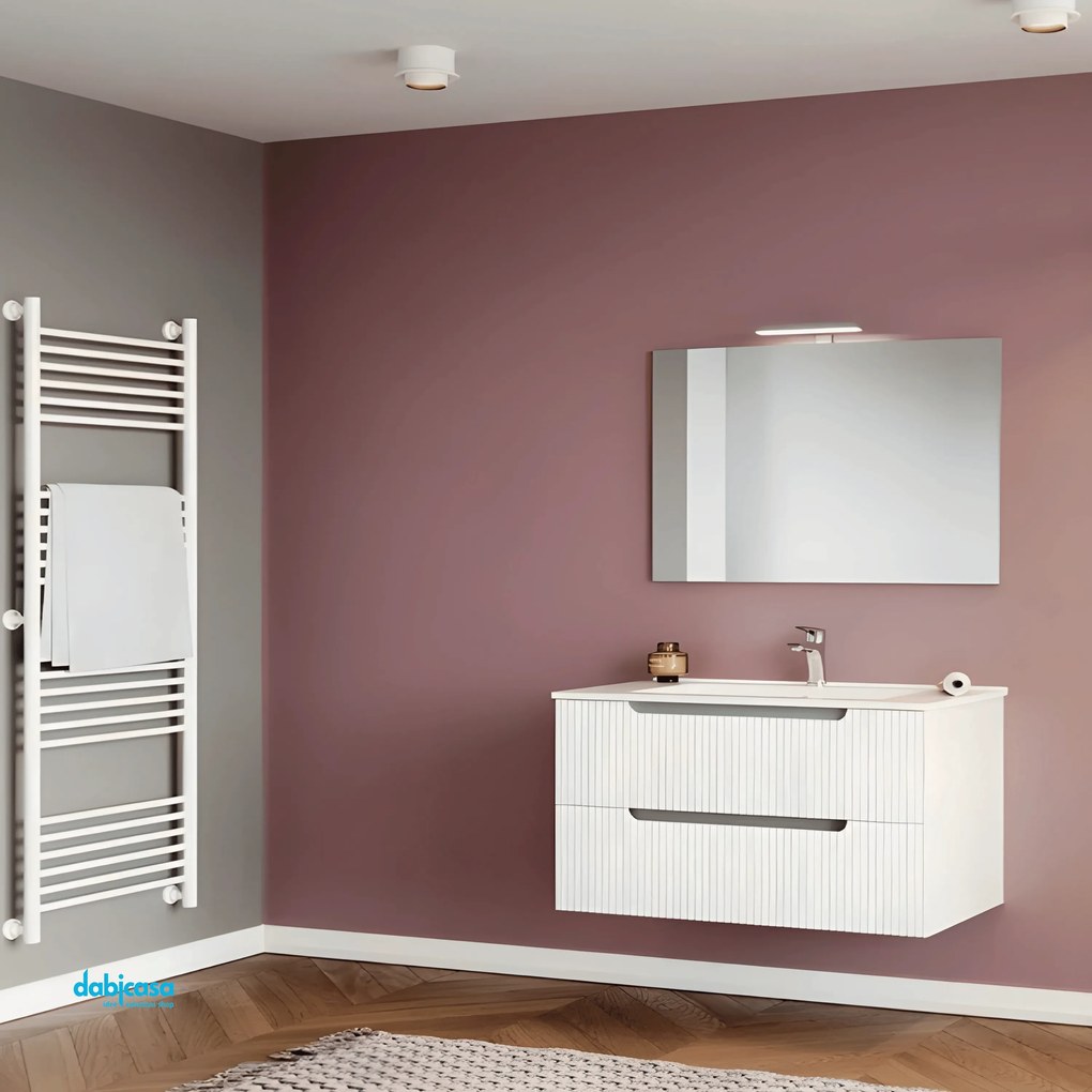 Mobile Bagno Sospeso "Ibiza" Da 80 Cm Base C/Due Cassetti Finitura Bianco Lucido Cannettato